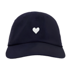 Navy blue cotton womens baseball cap with a white heart emblem embroidered by Atticus Poetry 