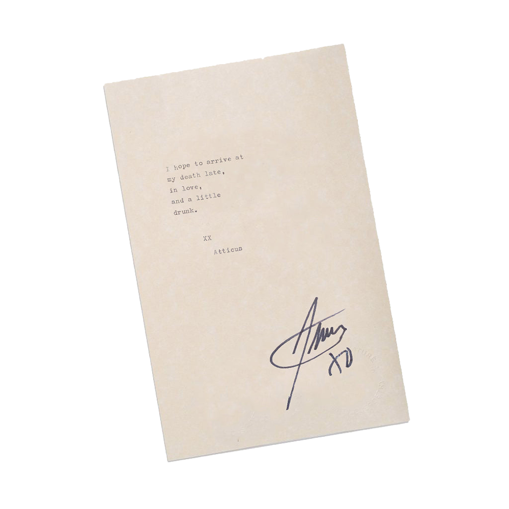  Type writer typed Atticus poem titled 'Late In Love' on a piece of paper with a signature at the bottom.