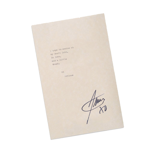  Type writer typed Atticus poem titled 'Late In Love' on a piece of paper with a signature at the bottom.